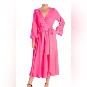 Meghan LA Vibrant Pink Long Sleeve Dress midi wrap belted Venus size XXXL